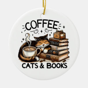 Funny Cute Coffee Cats Books Lover Gift Idea Women Ceramic Ornament