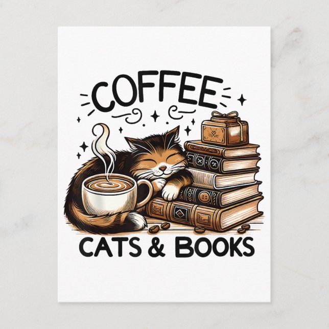 Funny Cute Coffee Cats Books Lover Gift Idea Women Enclosure Card (Front)
