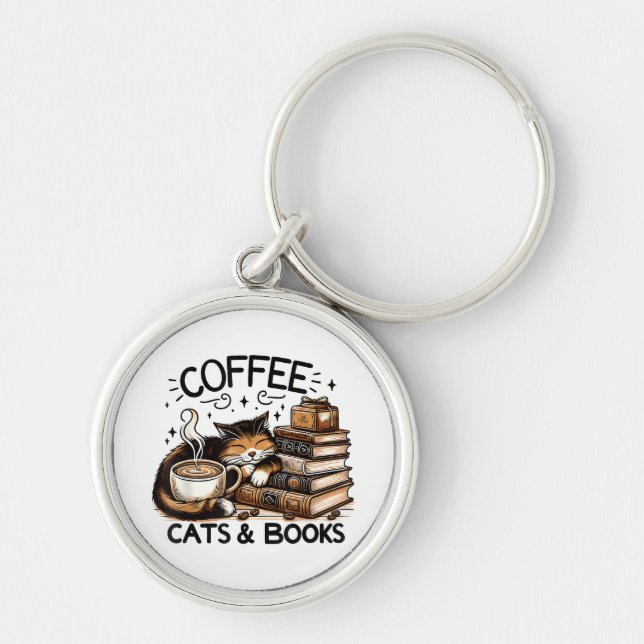 Funny Cute Coffee Cats Books Lover Gift Idea Women Keychain (Front)