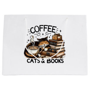 Funny Cute Coffee Cats Books Lover Gift Idea Women Large Gift Bag
