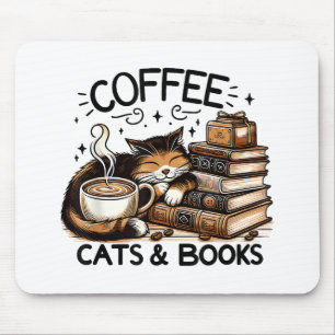 Funny Cute Coffee Cats Books Lover Gift Idea Women Mouse Pad