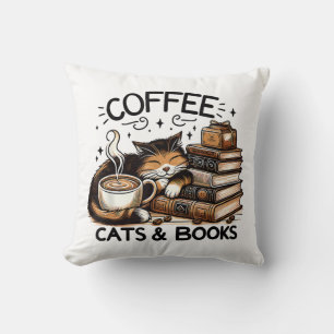 Funny Cute Coffee Cats Books Lover Gift Idea Women Throw Pillow