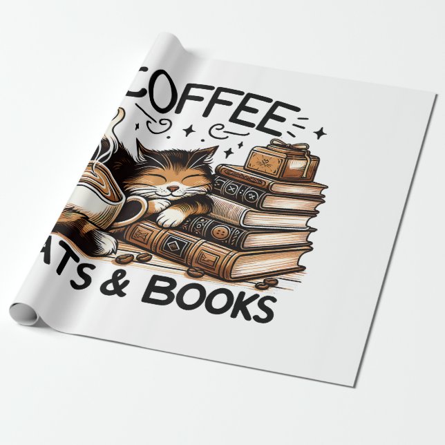 Funny Cute Coffee Cats Books Lover Gift Idea Women Wrapping Paper (Unrolled)