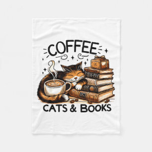 Funny Cute Coffee Cats Books Lover Women Men Kids  Fleece Blanket