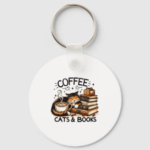 Funny Cute Coffee Cats Books Lover Women Men Kids Keychain