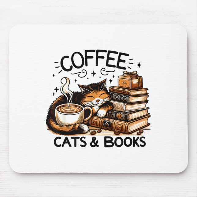 Funny Cute Coffee Cats Books Lover Women Men Kids  Mouse Pad (Front)