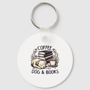 Funny Cute Coffee Dog Books Lover Women Men Kids Keychain