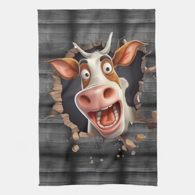Funny cute cow face country humour farmers kitchen towel (Vertical)
