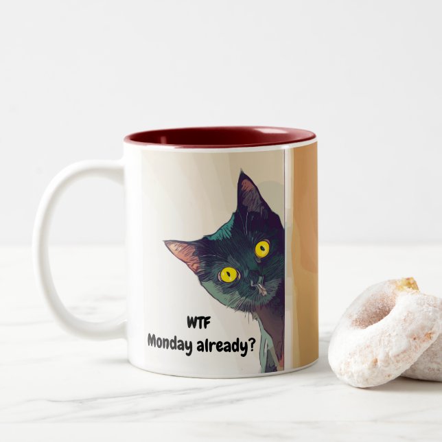 Funny cute Curious Cat illustrated Mug. Two-Tone Coffee Mug (With Donut)