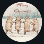 Funny Cute Dancing Pigs, Animals - Merry Christmas Classic Round Sticker<br><div class="desc">Share some laughter when you decorate your Christmas presents or envelopes with this cute dancing pigs "Merry Christmas" stickers. We've removed one pig from the original retrovintage 1908 painting and have added some background to adapt the illustration to this sticker's round format. Holiday postcards featuring funny anthropomorphic animals doing just...</div>