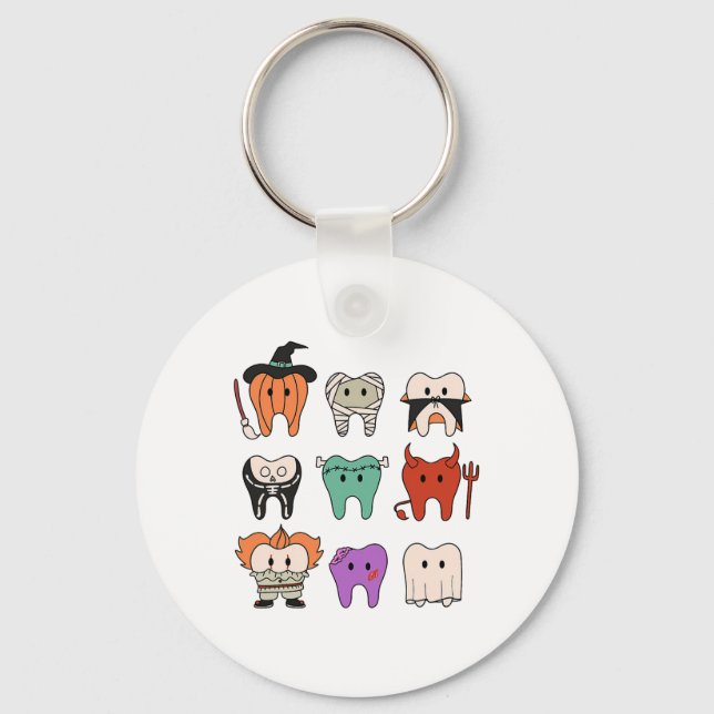Funny Cute Dental Hygiene Monsters Teeth Squad Hal Keychain (Front)