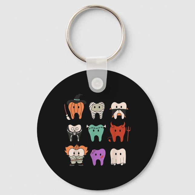 Funny Cute Dental Hygiene Monsters Teeth Squad Hal Keychain (Front)
