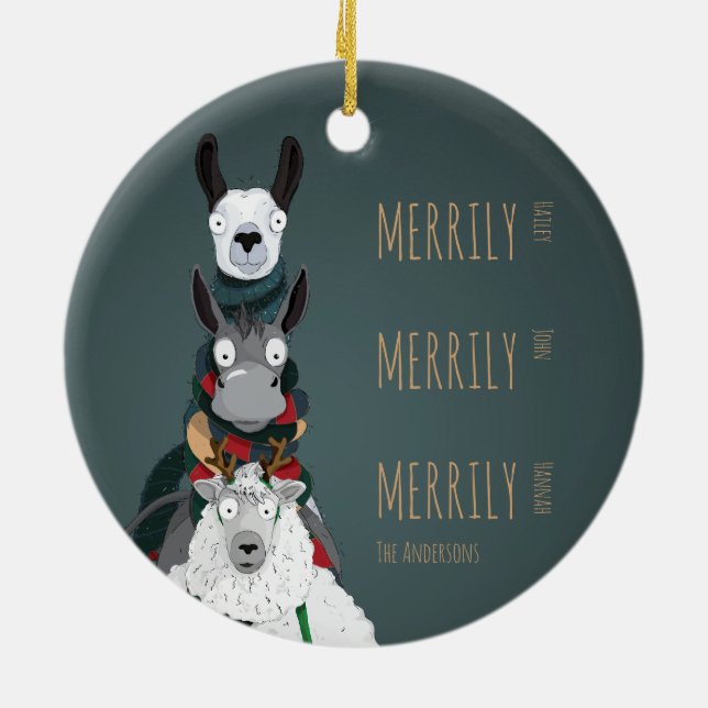 Funny Cute Donkey, Llama & Sheep Turquoise Ceramic Ornament (Back)