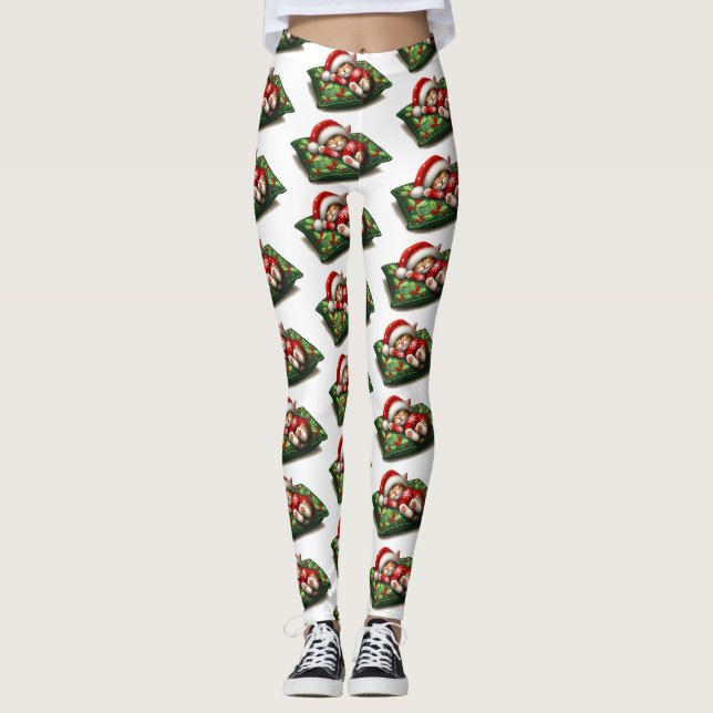 Funny Cute Dreaming Santa Kitty Klaws Leggings (Front)