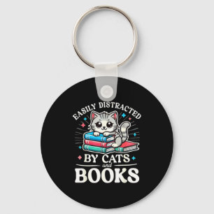 Funny Cute Easily Distracted By Cats And Books Keychain