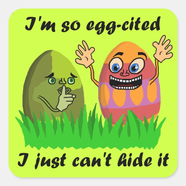 Funny Cute Easter Eggs Eggcited Cute Kids Cartoon Square Sticker (Front)