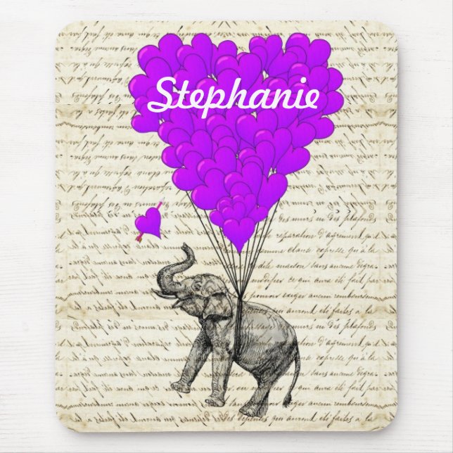 Funny cute elephant and heart balloons mouse pad (Front)