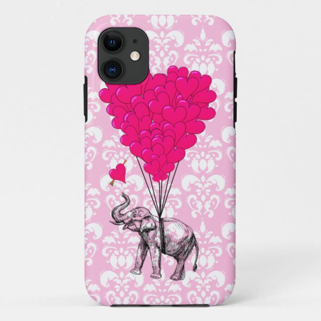 Funny cute elephant & pink damask Case-Mate iPhone case (Back)