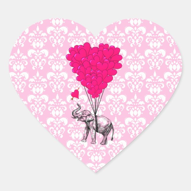 Funny cute elephant & pink damask heart sticker (Front)