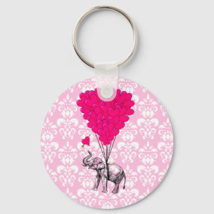 Funny cute elephant & pink damask keychain