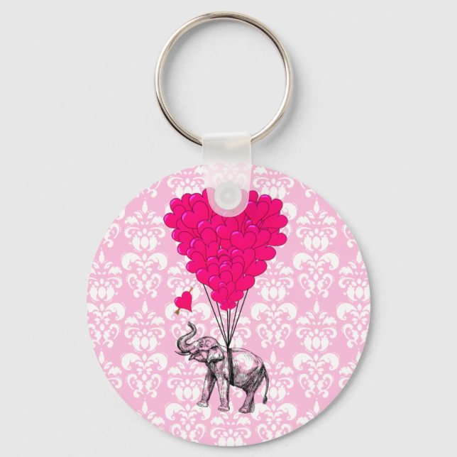 Funny cute elephant & pink damask keychain (Front)
