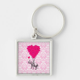 Funny cute elephant & pink damask keychain
