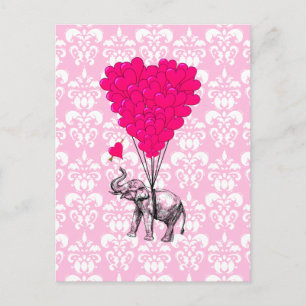 Funny cute elephant & pink damask postcard