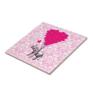 Funny cute elephant & pink damask tile