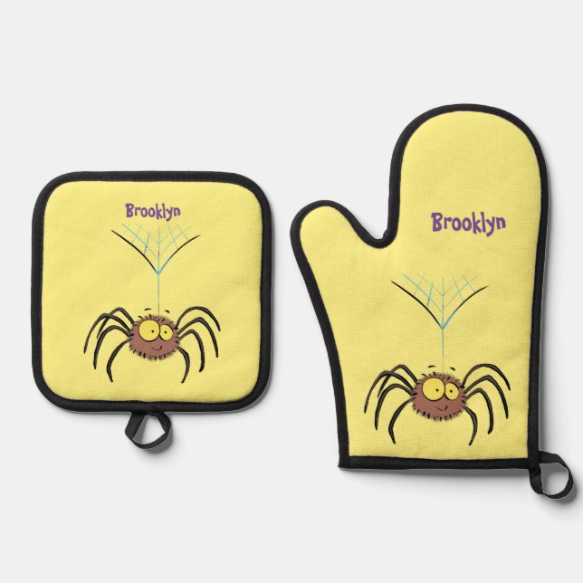Funny cute fluffy spider cartoon oven mitt & pot holder set (Front)