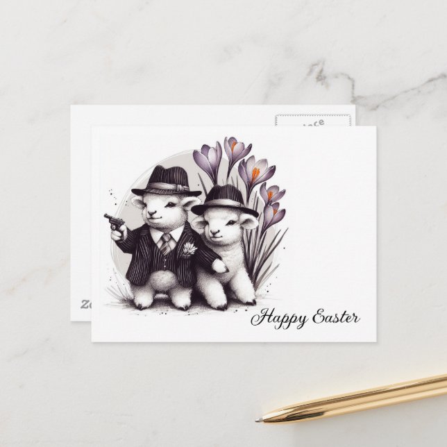 Funny Cute Gangster Easter Sheep Purple Flowers Postcard (Front/Back In Situ)