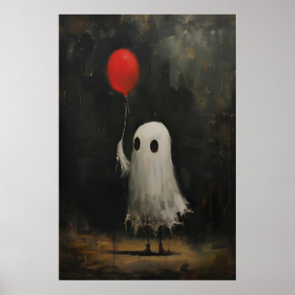 Funny Cute Ghost Holding Red Balloon, Vintage Poster