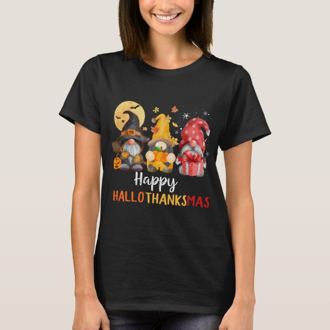 Funny Cute Gnomes Happy Hallothanksmas Autumn T-Shirt (Front)