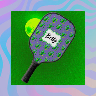 Funny Cute Green Pickleman on Purple Background Pickleball Paddle