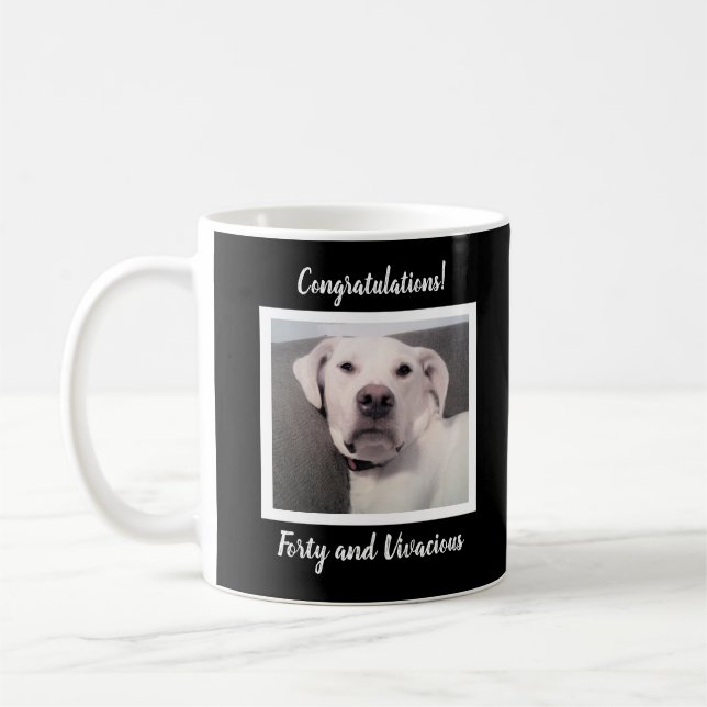 Funny Cute Grumpy White Dog 40th Birthday Black Coffee Mug (Left)