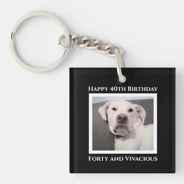 Funny Cute Grumpy White Dog 40th Birthday Black Keychain (Front)