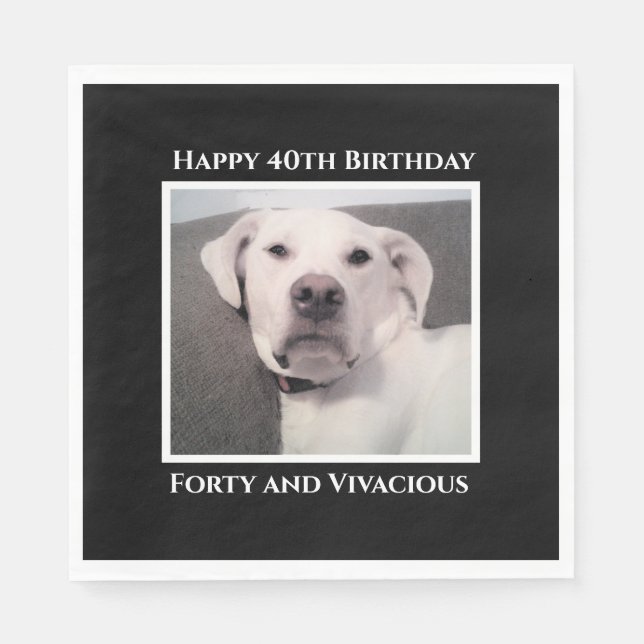 Funny Cute Grumpy White Dog 40th Birthday Black Napkin (Front)