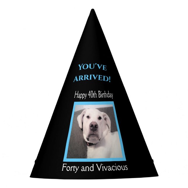 Funny Cute Grumpy White Dog 40th Birthday Black Party Hat (Front)