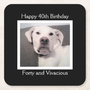 Funny Cute Grumpy White Dog 40th Birthday Black Square Paper Coaster