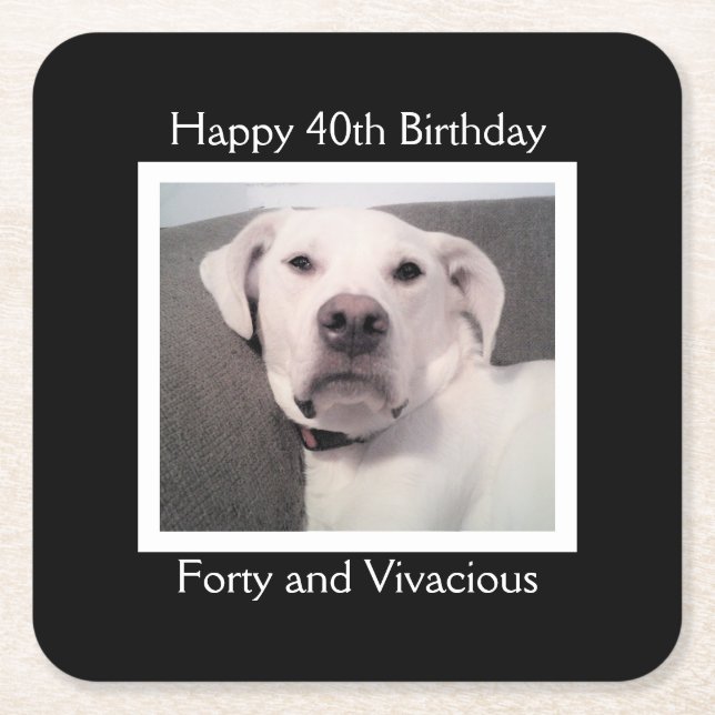 Funny Cute Grumpy White Dog 40th Birthday Black Square Paper Coaster (Front)
