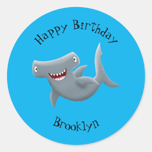 Funny cute Hammerhead shark cartoon Classic Round Sticker (Front)