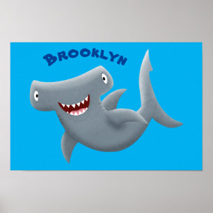Funny cute Hammerhead shark cartoon Poster