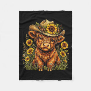 Funny cute highland cow sunflower floral farm fleece blanket