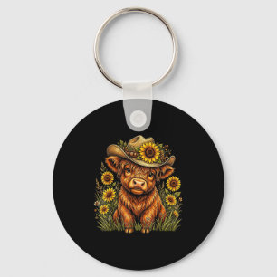 Funny cute highland cow sunflower floral farm keychain