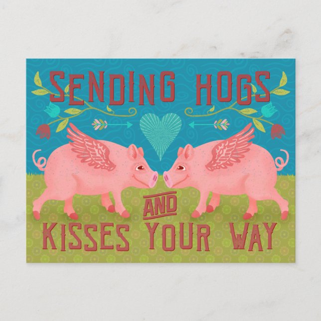 Funny Cute Hogs and Kisses Pig Pun Sending Love Holiday Postcard (Front)