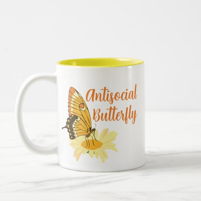Funny Cute Introvert Antisocial Butterfly Two-Tone Coffee Mug (Left)