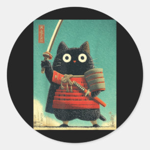 Funny Cute Japanese Cat Samurai Sumi-e Katana Classic Round Sticker