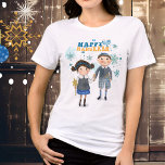 Funny Cute Jewish Couple Happy Hanukkah<br><div class="desc">This cute t-shirt features a couple of whimsical cute characters dressed in Jewish-inspired blue-toned clothing. It is an original design and one of the kind you won't find anywhere else. You Can transfer it to any t-shirt or Sweatshirt in light colours and it also looks great in black. Check our...</div>