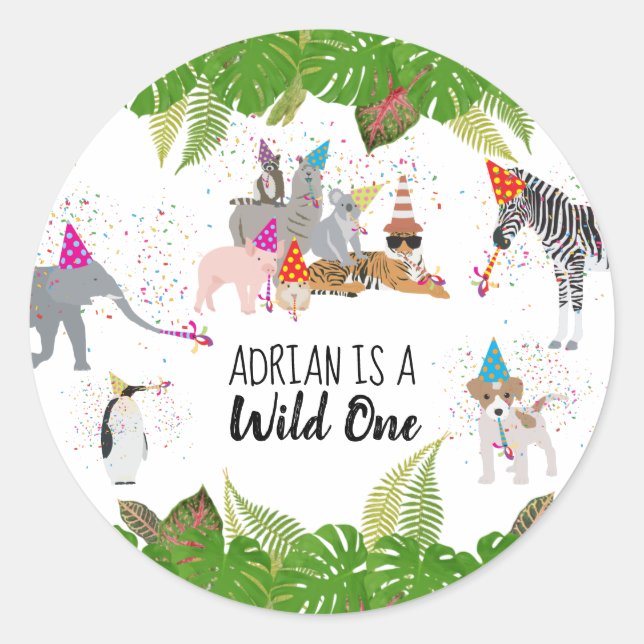 Funny & Cute Jungle Animals at Party Wild One Classic Round Sticker (Front)
