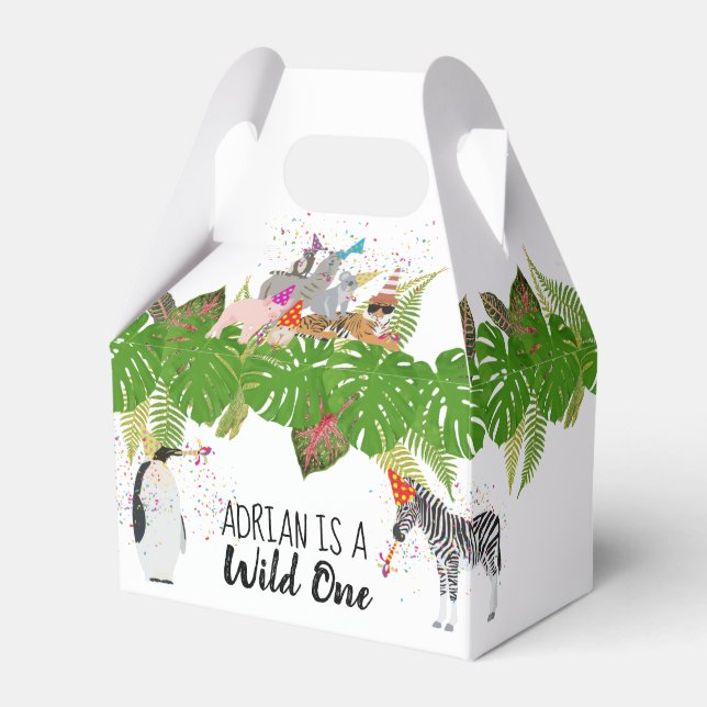 Funny & Cute Jungle Animals at Party Wild One Favor Box (Front Side)