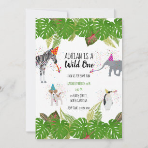 Funny & Cute Jungle Animals at Party Wild One Invitation